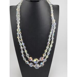 Vintage Aurora Borealis Crystal Necklace Double Strand Faceted Beads